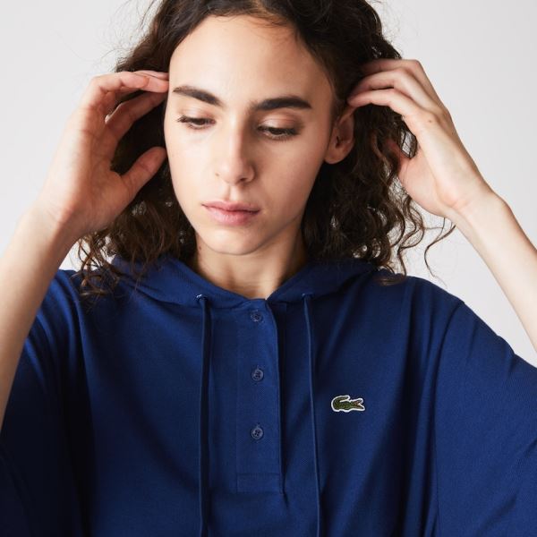 Lacoste Oversized Hooded Organic Cotton Piqué Polo Dress - Šaty Dámské Tmavě Blankyt Blankyt | CZ-lB